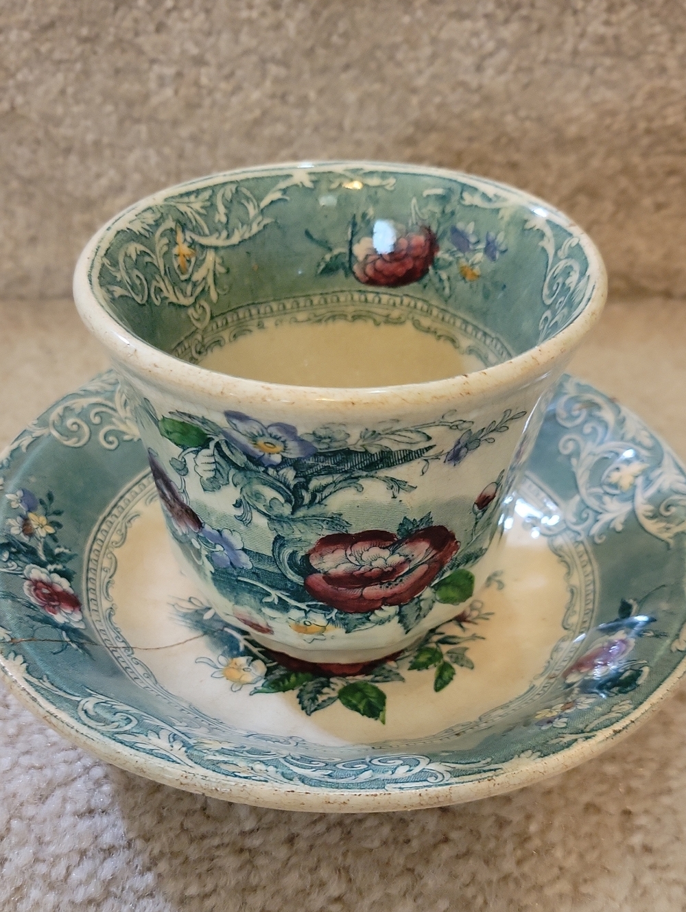Amula E. Challinor (England) Antique Floral Teacup and Saucer Set Ironstone